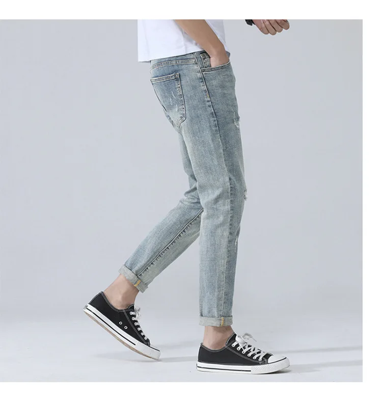 Весенне-летние мужские джинсы, эластичные облегающие, облегающие, в Корейском стиле, модные, с дырками, молодежные, мужские джинсы (длина по