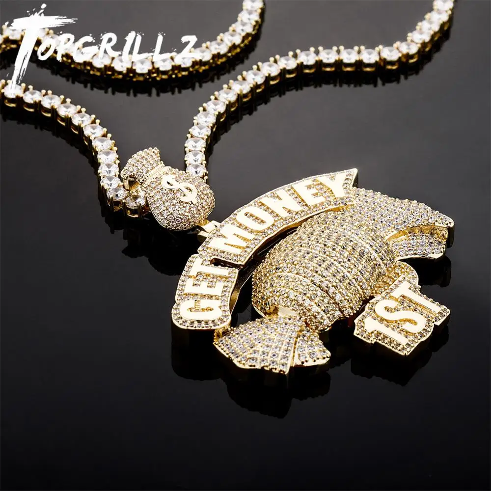 

TOPGRILLZ Candy Pendant Necklace Money Bag Hook "GET MONEY" With Gold Tennis Chain Hip Hop Punk Charm Jewelry For Men Women