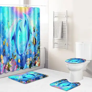

3Pcs/set Ocean World Non Slip Bathrm Pad ooToilet Seat & Cover & Curtain Soft Bath Rug Carpet Home Decoration