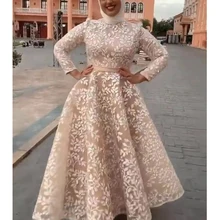 Платья для выпускного вечера цвета шампанского кружевные Длинные рукава А-линия Длина до пола Длинные вечерние платья арабское вечернее платье