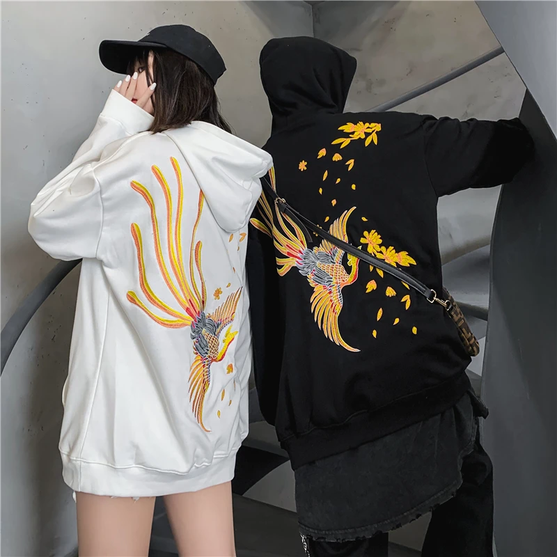 Embroidered Phoenix Hoody Men Streetwear Long Sleeve Loose Hoodies Autumn