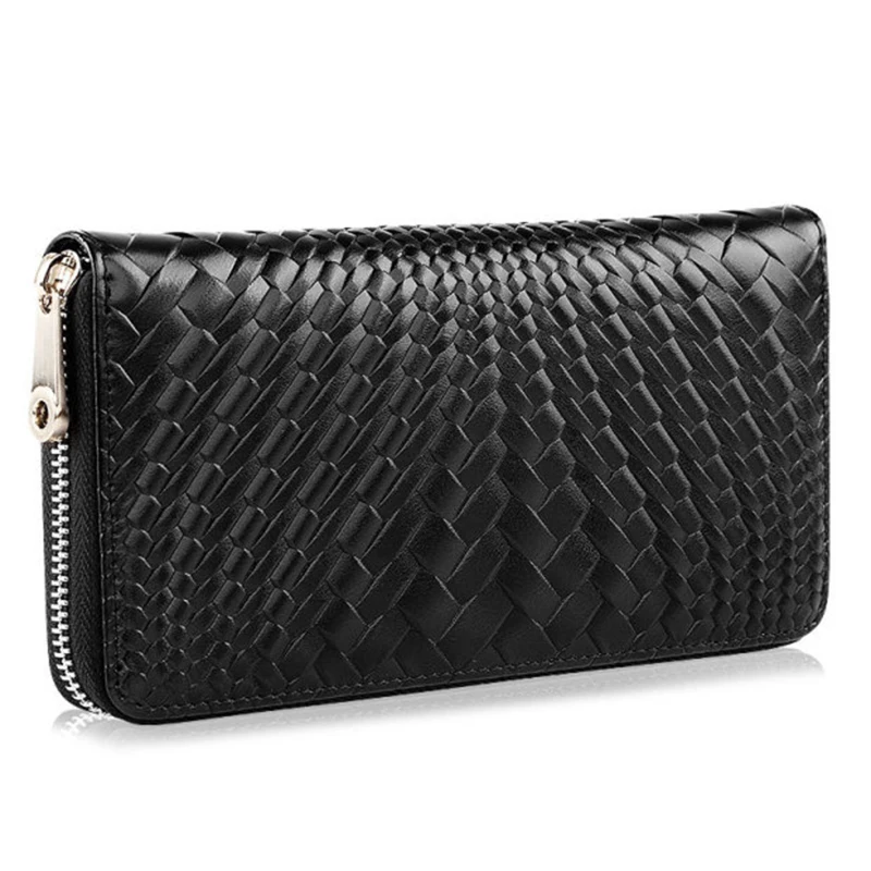

High-end Customized Woven Head Layer Cowhide Long Male Wallet Handle Zipper Clutch Bag Multi-card Wallet