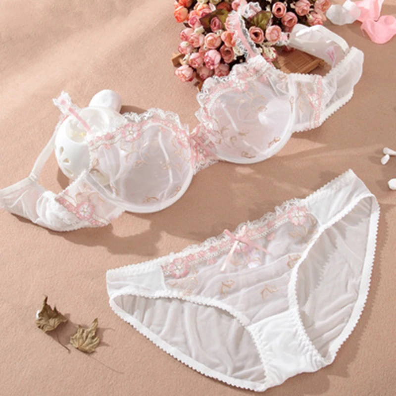 white underwear set Logirlve Exquisite embroidery lotus pink ultra-thin women's sexy transparent lace underwear bra set matching bra and panties Bra & Brief Sets