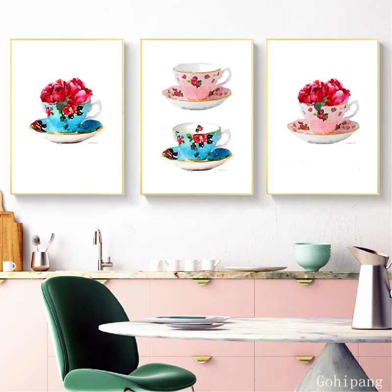 Vintage Teacup With Peony Posters and Prints Watercolor Shabby Chic French Country Home Kitchen Art Canvas Painting Wall Decor