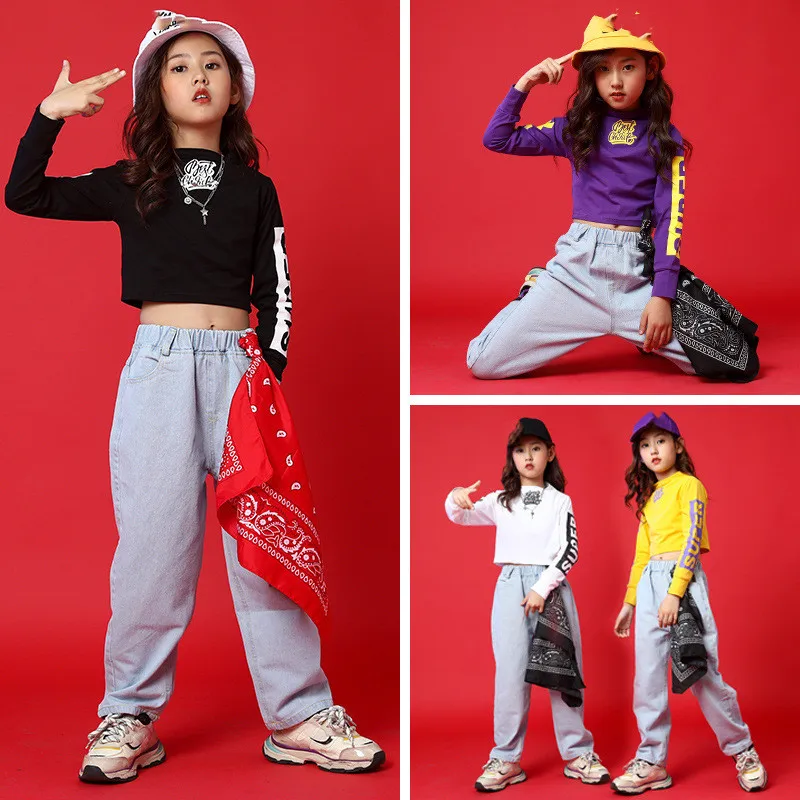 Модный детский костюм для джазовых танцев для девочек, костюмы для уличных танцев в стиле хип-хоп, топ и штаны, детская одежда для выступлений