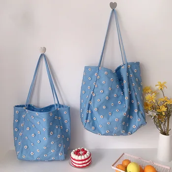 

Preppy School Style Women's Hand Bag Lady's Small Daisy Embroidered Tote Bag Canvas Shoulder Bag Large Capacity Schoolbag 2020