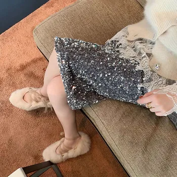 

Luxury Vintage Sequin Pencil Skirts Womens Elastic Waist Korean Ladies Club&Party Skirt Falda Spring Summer Bodycon Sexy Skirt