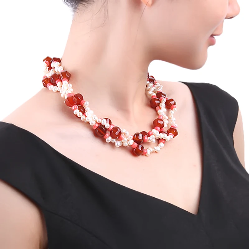 JYX три нити белый пресноводный жемчуг ожерелье в горошек с Красный агатовый бисер и розовый коралл прекрасные драгоценные бусы заводская цена