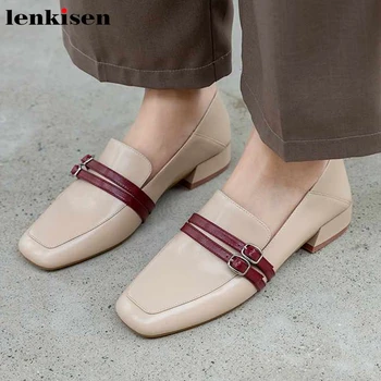 

Lenkisen genuine leather mixed colors belt buckle slip on square toe med heels loafers spring daily wear leisure women pumps L93