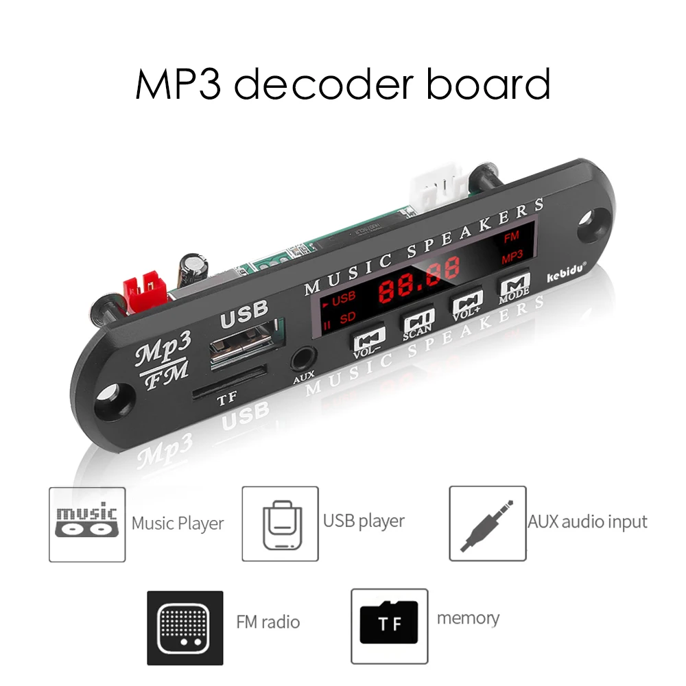 Kebidu 5 в 12 В DC TF FM радио аудио mp3 плеер AUX 3 мм MP3 модуль декодер плата USB Блок питания