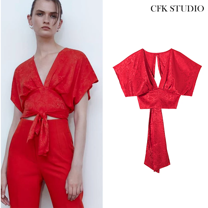 Za Women Crop Tee Top with Ruffles Short Sleeve T-shirt 2020 New Fashion Summer Solid Sexy Red Chiffon | Женская одежда