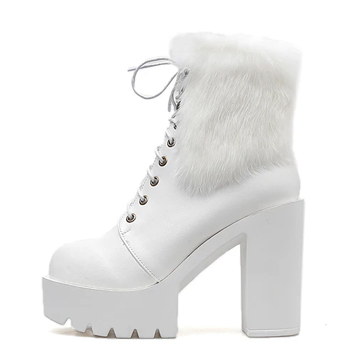 white shoes Gdgydh/ г.; женские ботильоны на шнуровке с натуральным мехом кролика; женские полусапожки; Женская обувь в готическом стиле черного цвета; Прямая - Цвет: white shoes