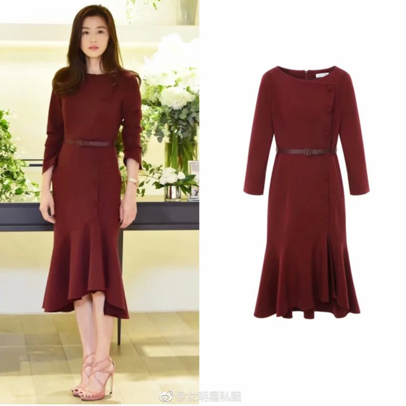 

Milan Runway Designer High Quality Autumn New Women'S Fashion Work Party Sexy Vintage Elegant Chic Wine Red Midi Fishtail Dress
