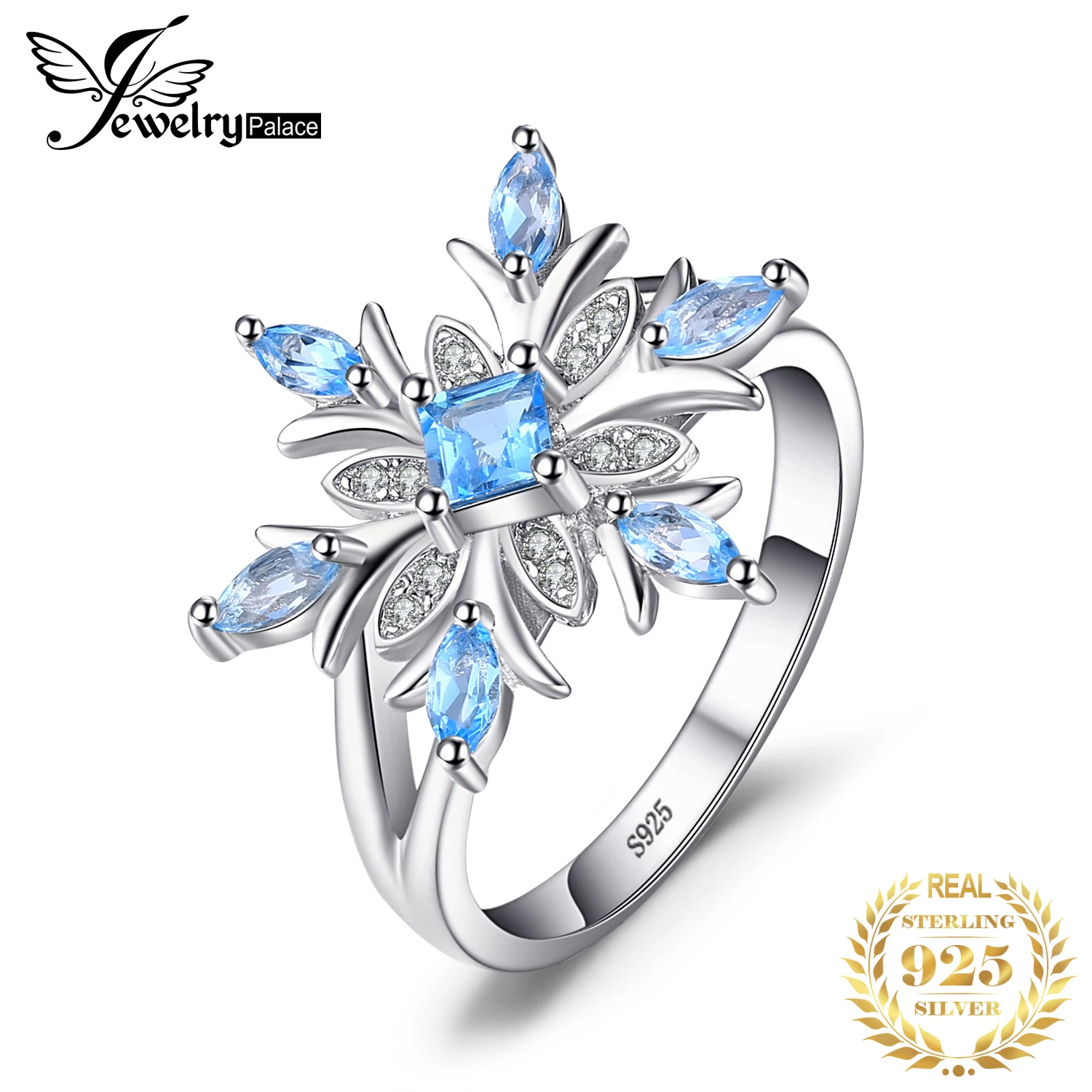 Jewelrypalace продвижение 0.8ct Снежинка из натуральной Голубой топаз кольцо Твердые