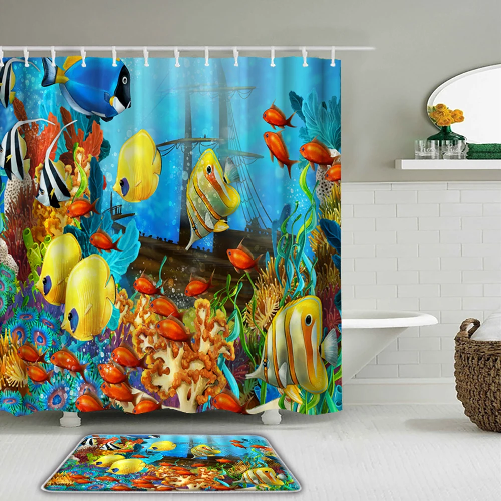 

2Pcs/Set Cartoon Dolphin Fish Marine life Print Shower Curtain Set Waterproof Bathroom Curtain Non-slip Mat Rug Toilet Bath Mat