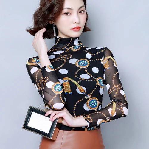 

2019 Spring Autumn New Fashion Style High Collar Exquisite Printed Female Blouse Simple Temperament Slim Women Bottoming Shirts
