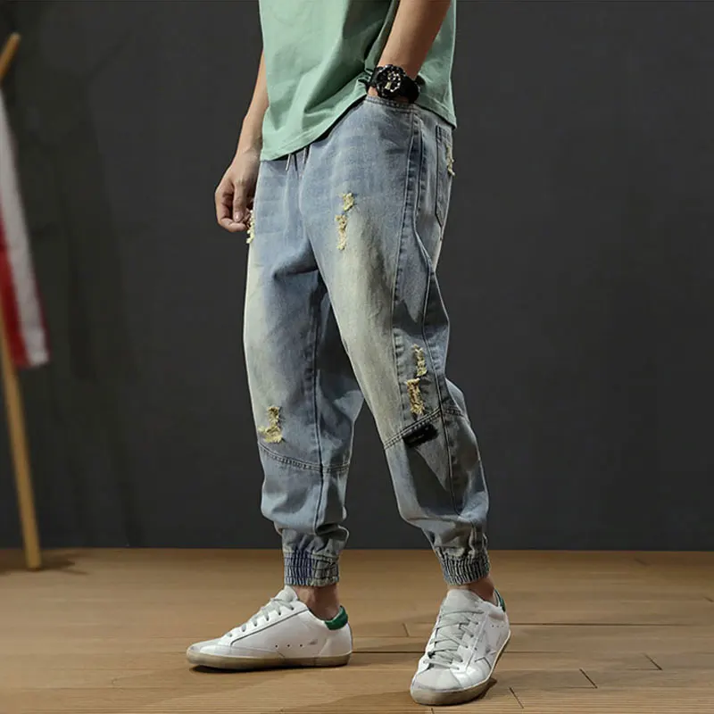 

Newly Fashion Streetwear Men Jeans Loose Fit Retro Blue Spliced Designer Harem Jeans Ripped Cargo Pants Hip Hop Jeans Men Jogger