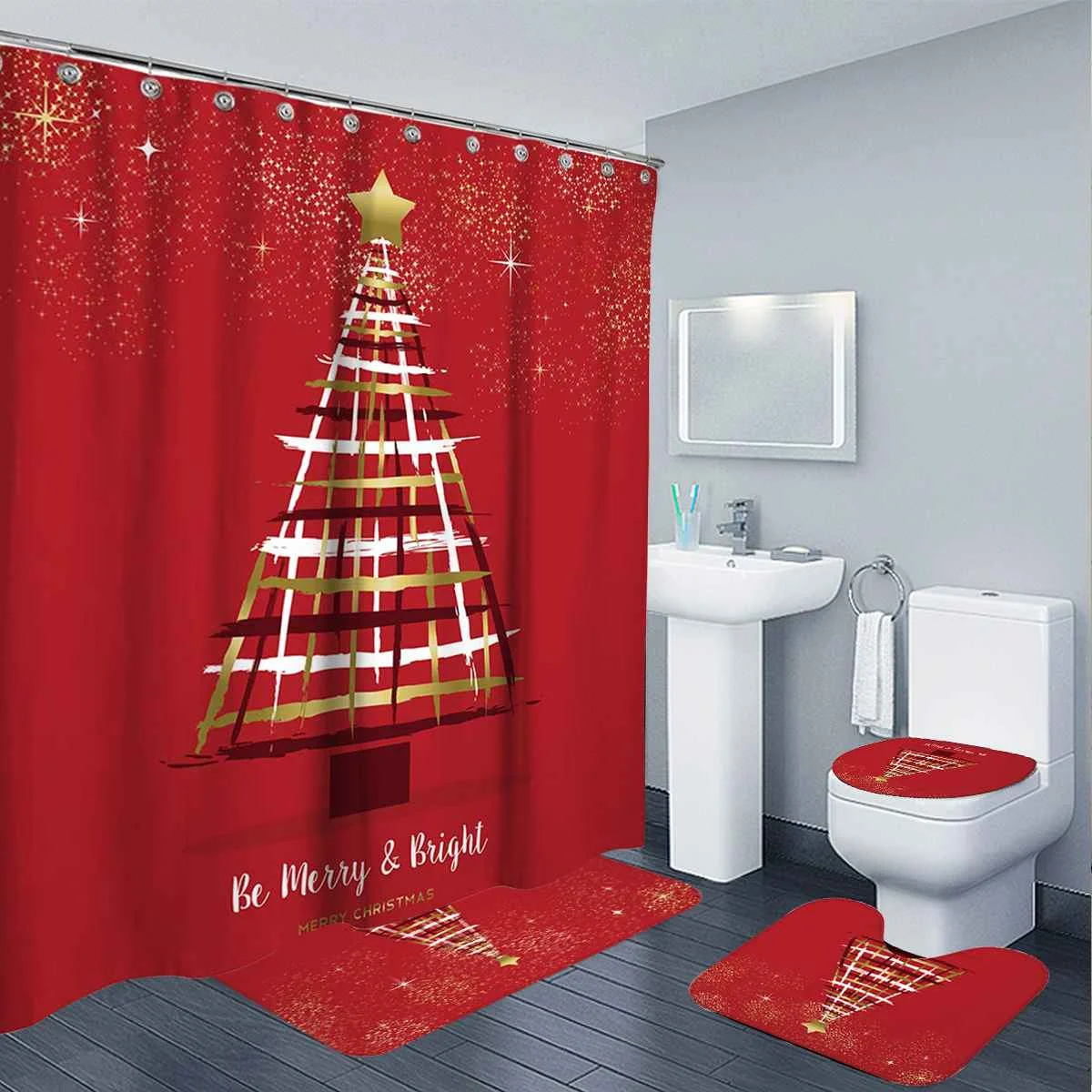 

Christmas Tree Printed Shower Curtain Waterproof Mat Toilet Cover Bath Mat Carpet Cover Home Merry Christmas Decorations