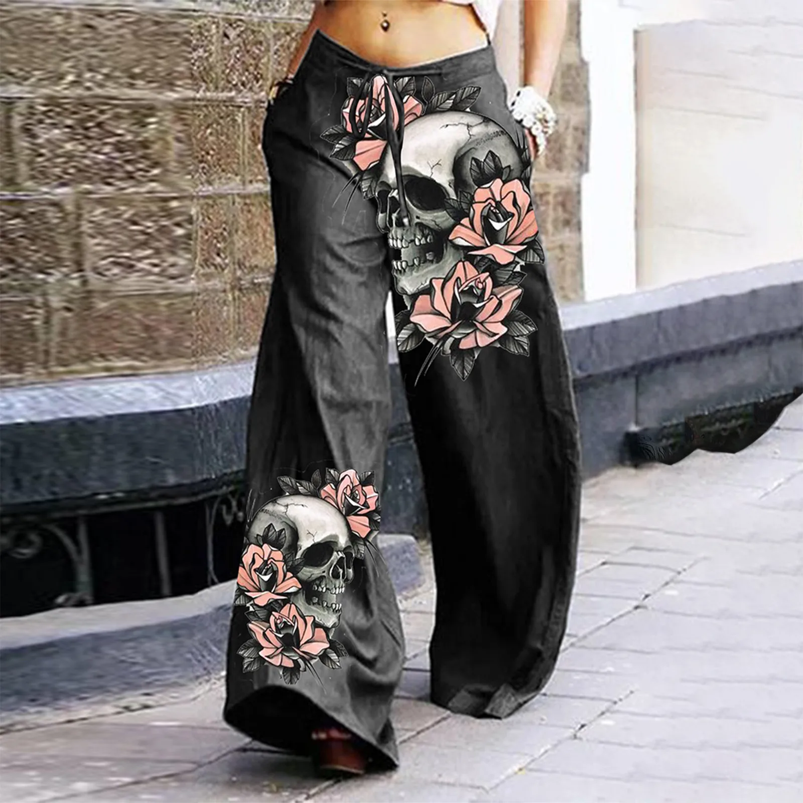 Women's Vintage Halloween Printed Pants Female Casual Loose Skull Printing Comfort Trousers Ladies Elastic Band Wide Leg Pants 1