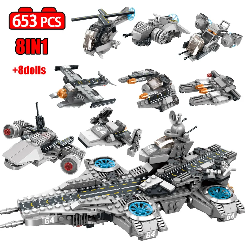 

653Pcs Aircraft Model Carrier Building Blocks Legoing SuperHero Mavel Helicopter Figures Bricks Sets Education Toy for Children