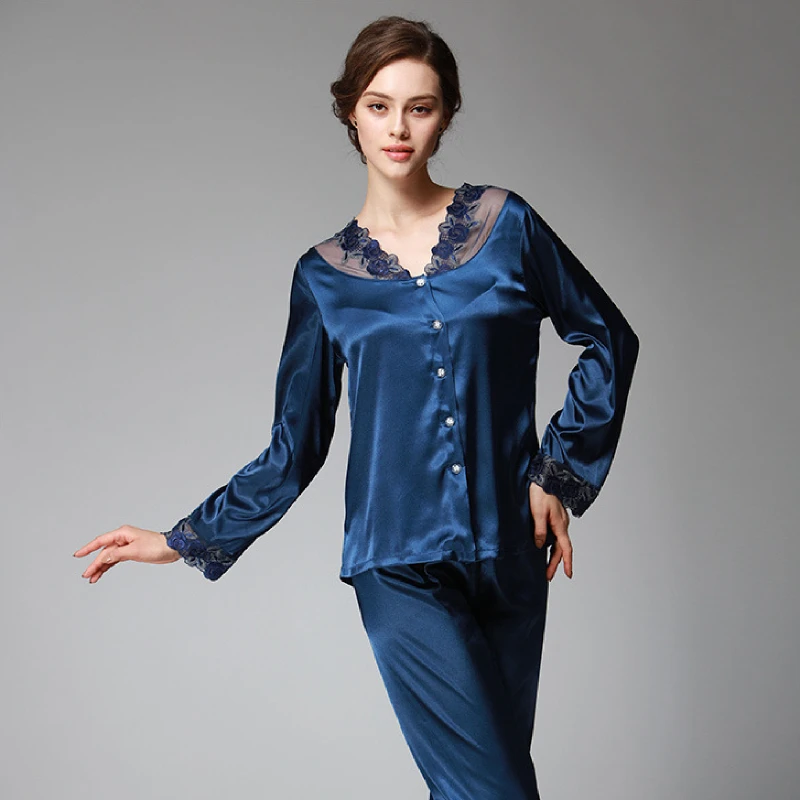 

New simulation silk ladies autumn and winter nine-point sleeve home service lace pajamas set large code1XL-4XL