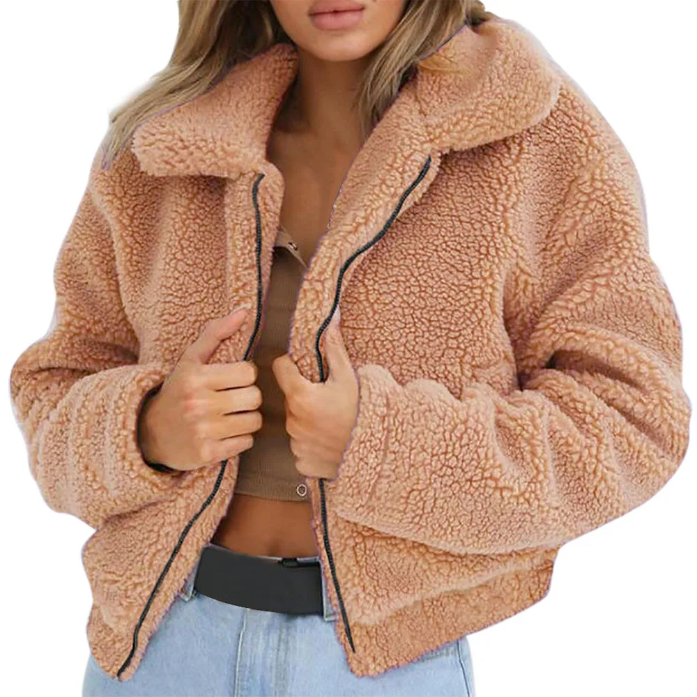 Женское теплое пальто из искусственной шерсти, куртка на молнии, пушистая куртка с длинными рукавами, Зимняя парка, верхняя одежда, зимнее поступление - Цвет: Khaki