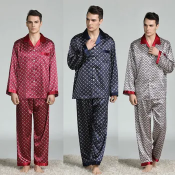 

Men's Home Service Pajamas Suit New Long-sleeved Printed Foreign Trade Home Service Silk Full Sleepwear Autumn Men Pyjamas#g3