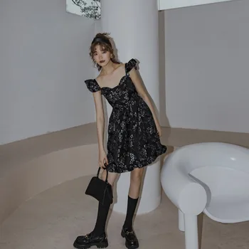 

LANMREM 2020 New Arrivals Spring And Summer Fashion Women ClothesFrozen Flower Dress Jacquard Slim Black MinI Dress AW56601S