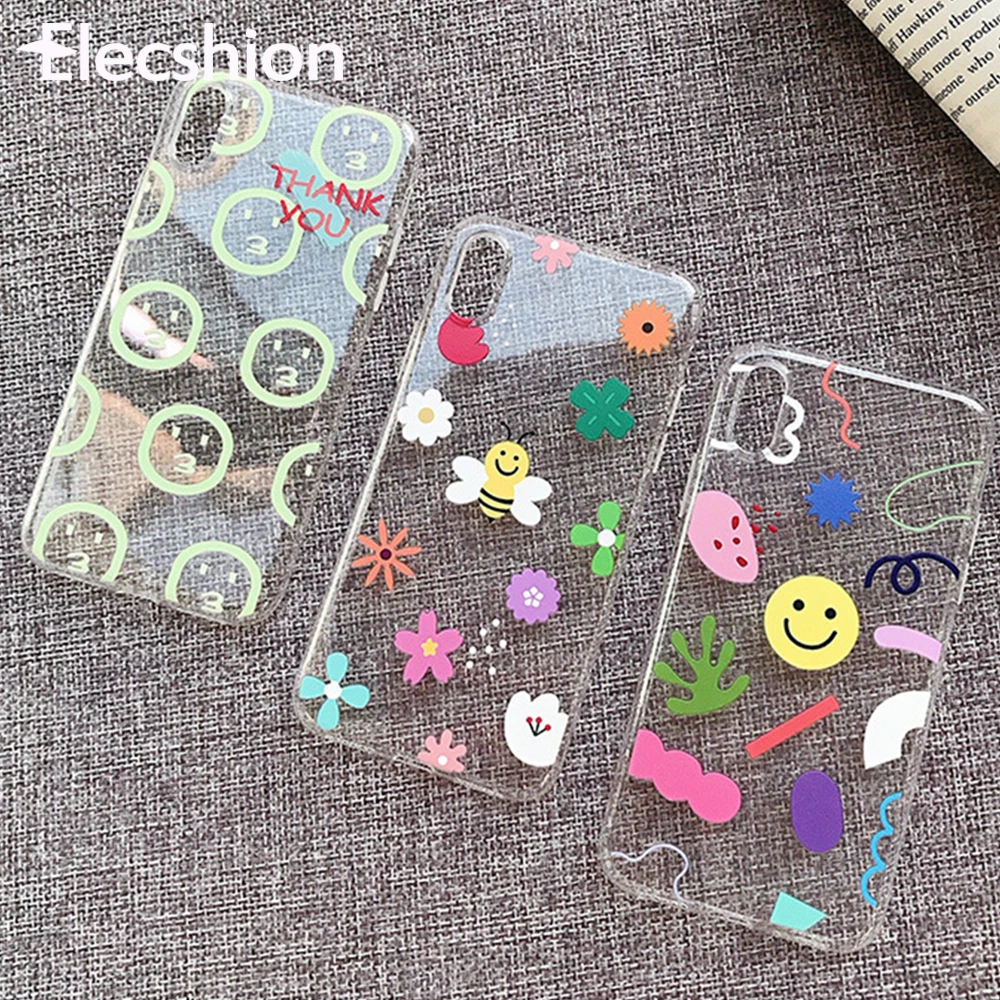 

Cute Flowers Cartoon Phone Case For iPhone 7 8 Plus XR Xs Max Fashion Transparent TPU For iPhone X XS 6 6s Plus Doodle Cover Cap