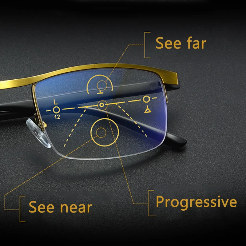 

Metal Half Frame Progressive Multifocal Reading Glasses Men Women Near Far Magnifying Anti Blue Light Presbyopic Glasses