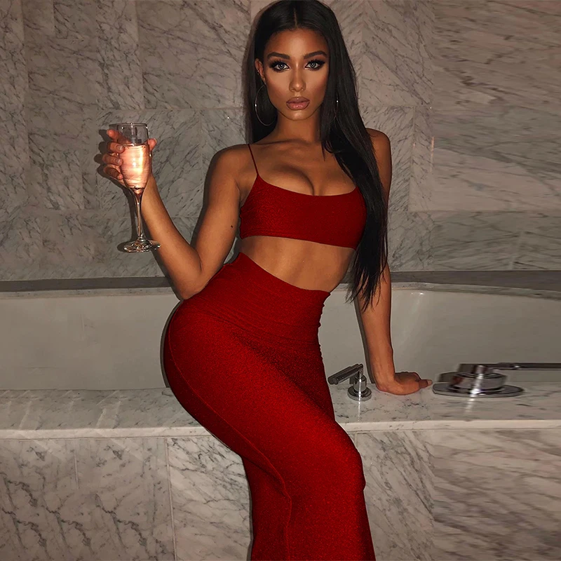 COSYGAL Спагетти ремень Bodycon сексуальное платье Женское ночное клубное мини-платье из двух частей без рукавов блестящее платье - Цвет: Red Long Skirt