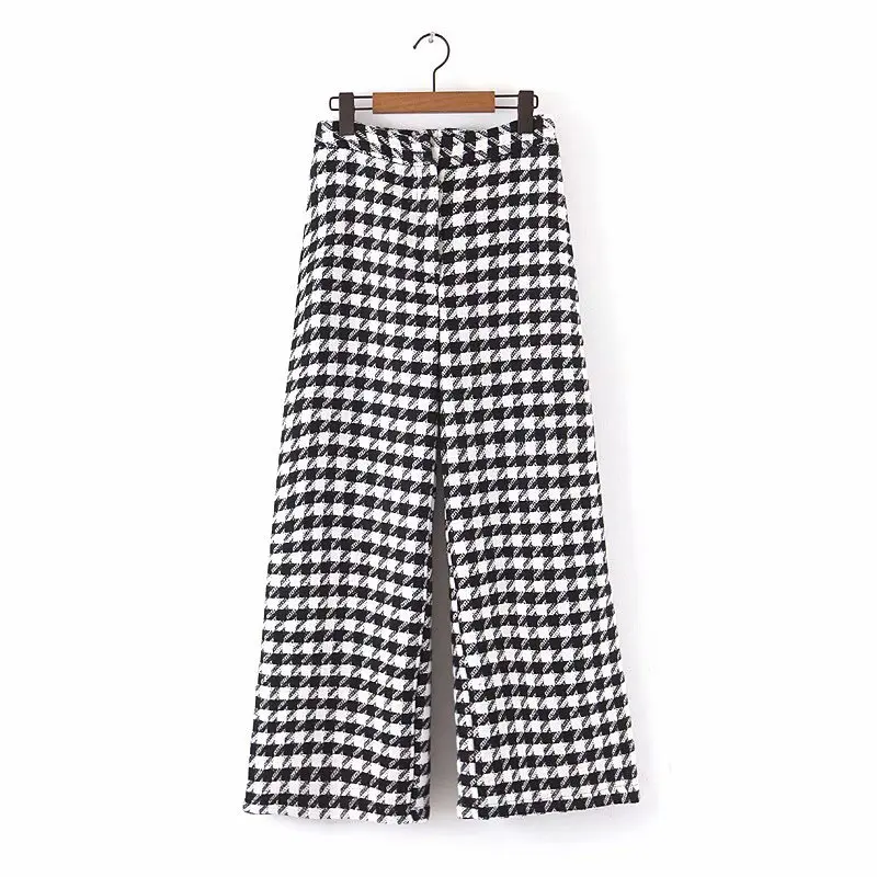 KZ915 Autumn Winter Women Chic Black White Color Block Houndstooth Pants New Fashion Trousers