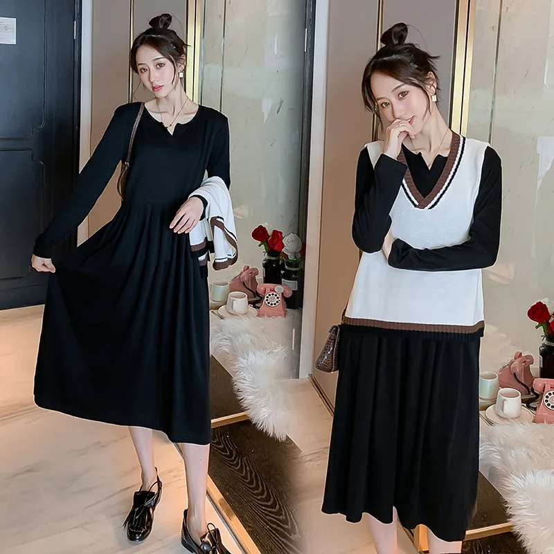 

Breastfeeding Set 2019 Korean-style Mid-length over-the-Knee Nursing Dress + Fashion Knitted Sweater Waistcoat Autumn And Winter