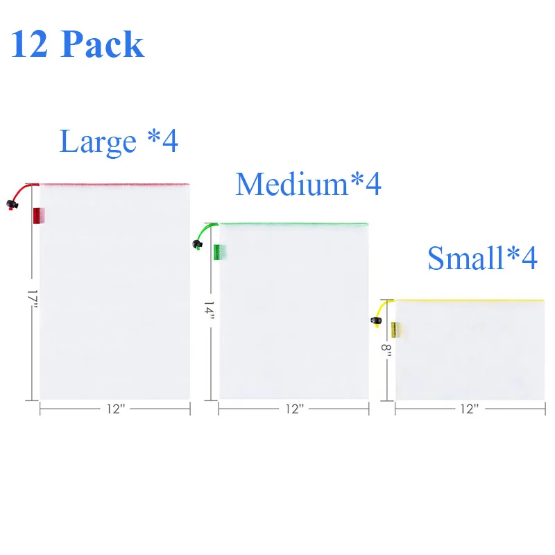 15 упаковок, сумки, многоразовые, без отходов, для женщин, для покупок, сетчатые сумки с кулиской, застёжка, экологичный, легкий фруктовый мешочек - Цвет: 12 Pack