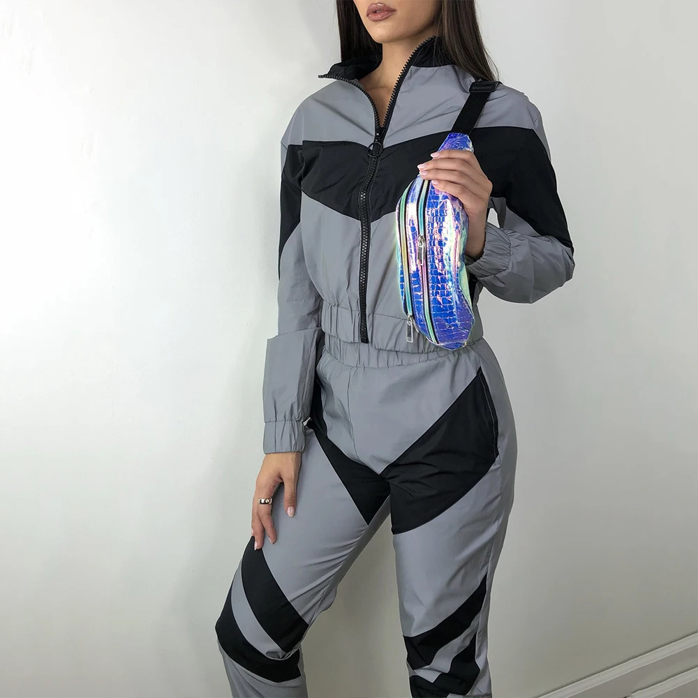 

Autumn Long Sleeve Reflective Tracksuit Women Casual Patchwork Pockets Matching Sets Streetwear Two Piece Set Top And Pants