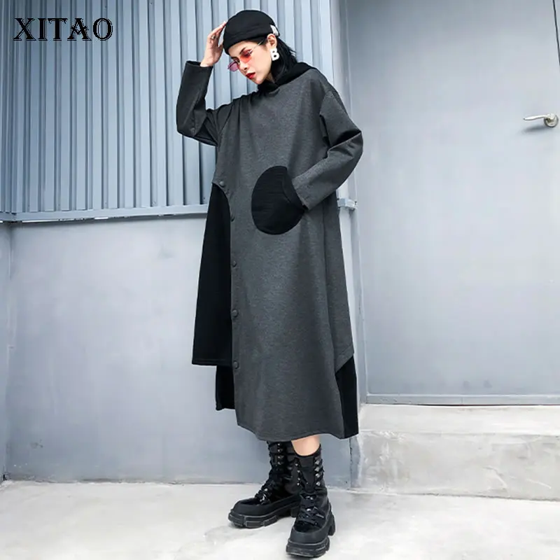 XITAO Tide Plus Size Patchwork Irregular Dress Women Clothes 2019 Loose Hooded Collar Full Sleeve Elegant Winter DMY1443 | Женская