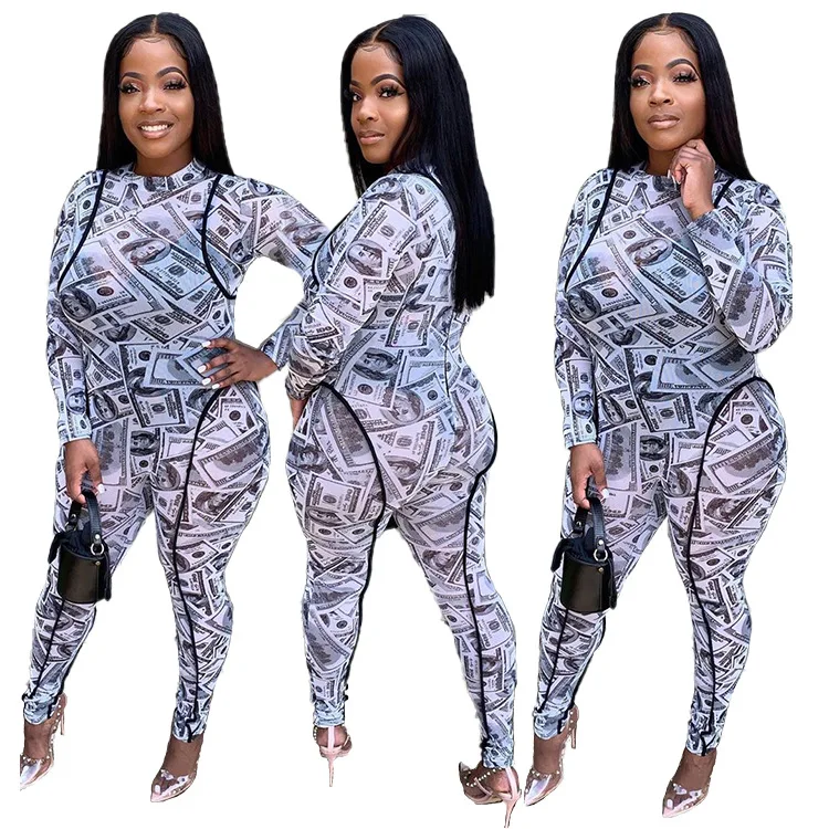 Echoine Women US Dollar Printed Long Sleeve Sexy Party Bodycon Jumpsuit Streetwear Slim Onesies Overalls Romper Playsuit Catsuit