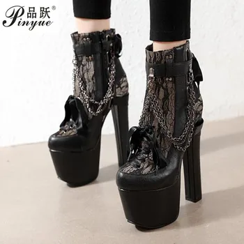 

high heels 16 cm chain high heel boots New bow chain decorated super high heeled boots sexy PU leather fashion Martin boots