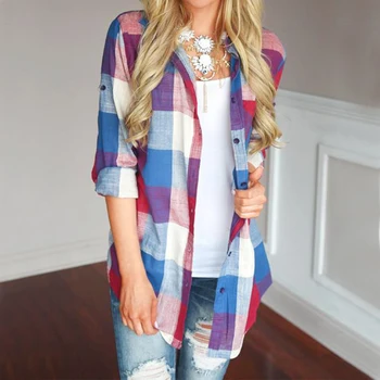 

Women Long Sleeve Collared Button Down Colorful Plaid Cotton Shirt Tops