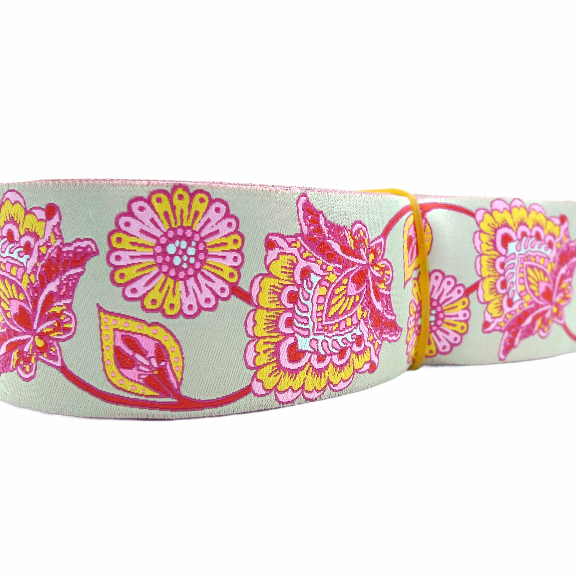 1-1/2'' 38mm Wide Glory Flower Grey Tone Woven Jacquard Ribbon