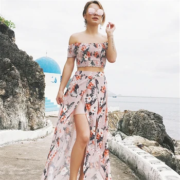 

Summer Elegant Beach 2 Pcs Suits Off Shoulder Ruffled Crop Tops Split Bohemia Chiffon Long Skirt Sexy Ladies Outfits Femme Sets