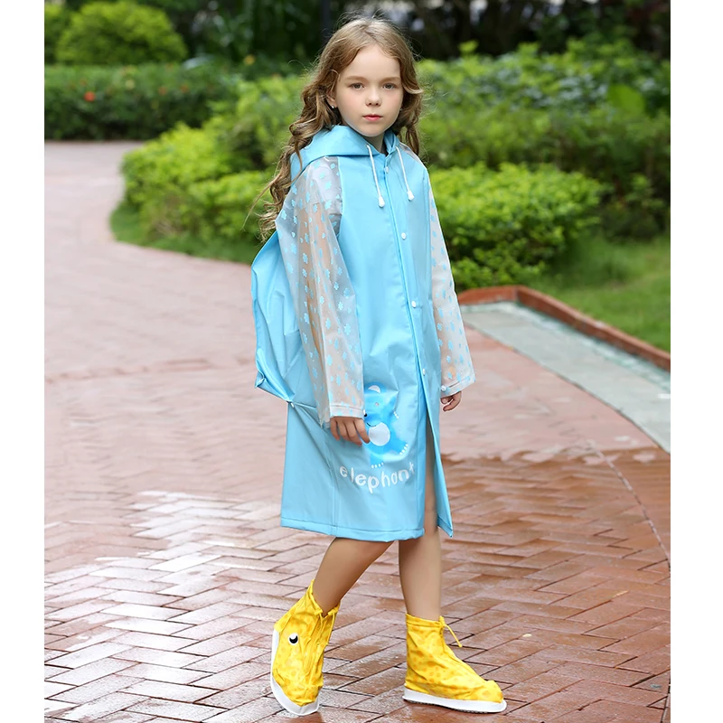 Cute child raincoat kindergarten elementary school student with schoolbag bit hiking raincoat