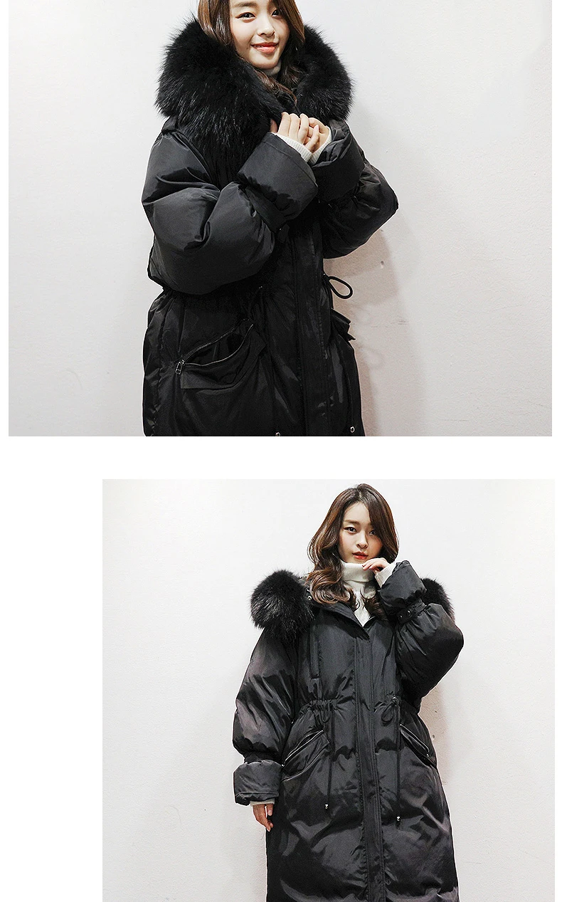 Mid-length Down Jacket Women Winter New Thicken Warm Coat Duck Down Fur Collar Hooded Loose Down Coat Female AN109