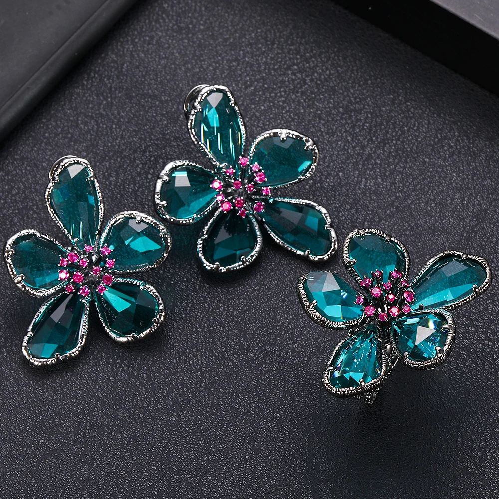 

jankelly New design Green AAA zircon round flower shape Earrings Ring set for women,high quality party/Wedding jewelry sets