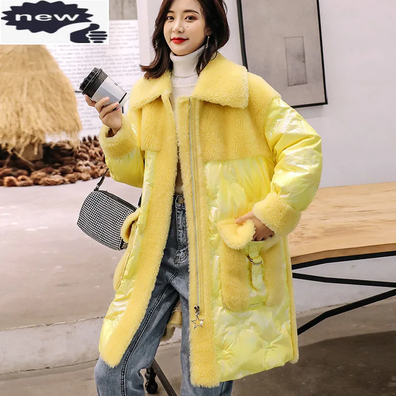 

Winter Streetwear Wool Overcoat Women Splice Down New Luxury Fashion Lapel Sleeve Warm Outwear Office Long Coat