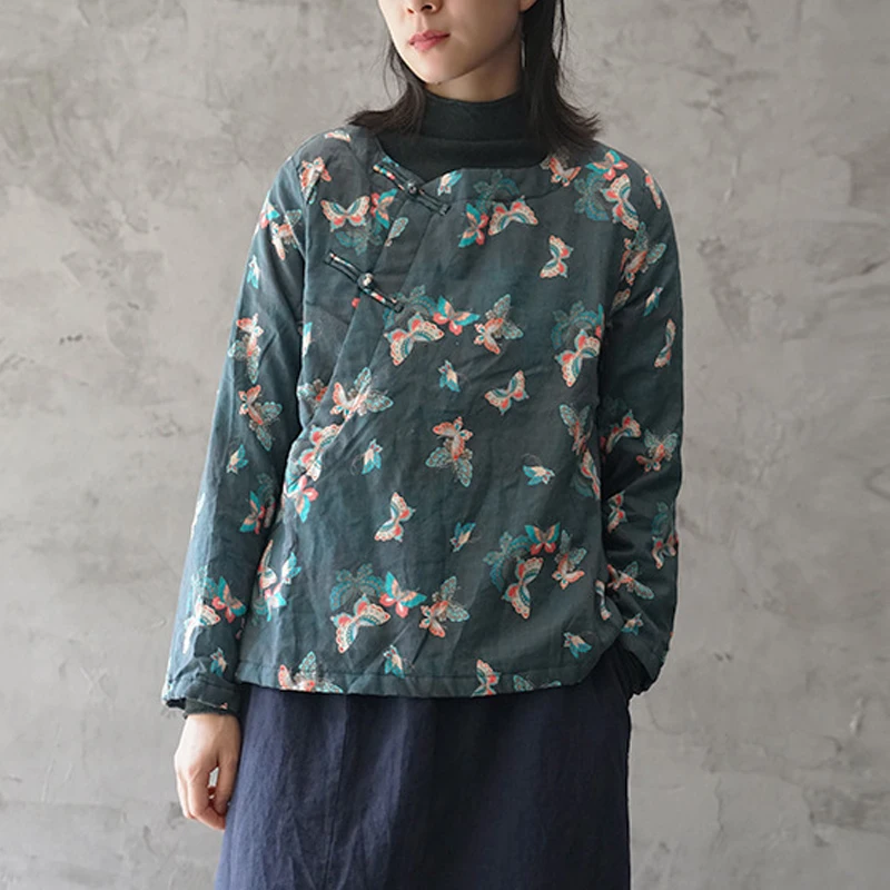 Johnature 2019 Winter Fashion Floral Print Plate Buckle Cotton Linen Warm Coat New Comfortable All-match Women Thick |
