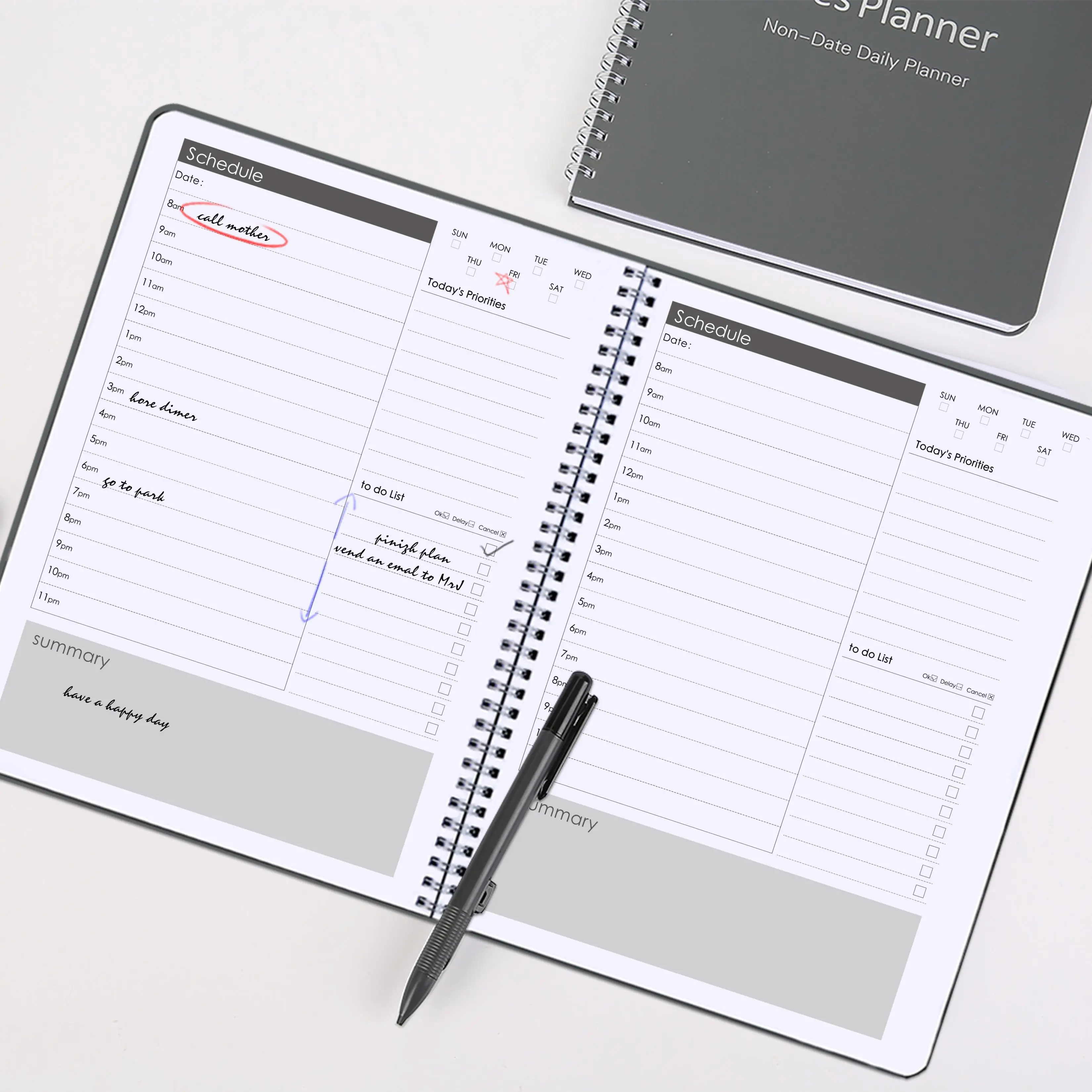 Daily Hourly Appointment Planner Non-Dated with To-Do List ,Summary, Flexible Cover Spiral Planner Daily Agenda Planner