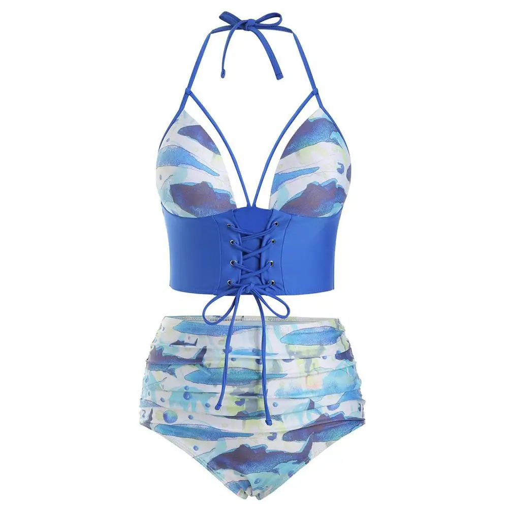 Сексуальный бразильский бандажный купальник бикини, женский купальник с высокой талией, с принтом звезды и Луны, пуш-ап, танкини, наборы размера плюс, пляжная одежда, купальник - Цвет: Blue