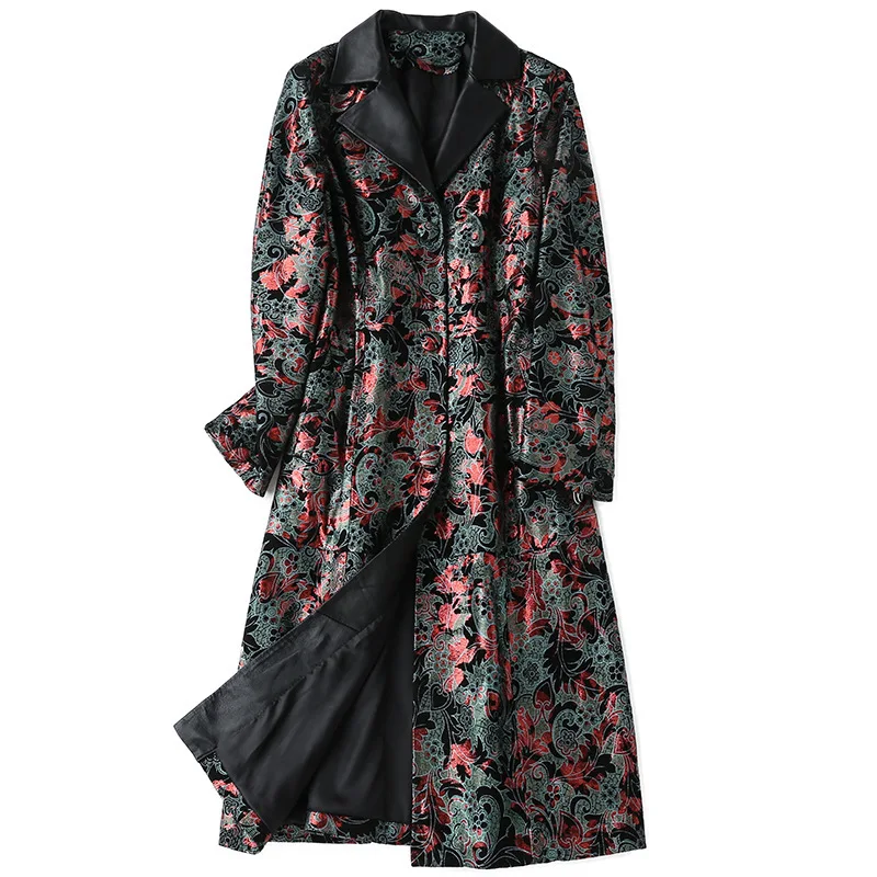 

Genuine Leather Jacket Autumn Winter Jacket Women Real Sheepskin Coat Female Print Floral Korean Trench Coat
