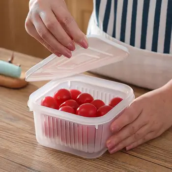 

Kitchen Fruit Vegetable Drain Sealed Box Plastic Square Food Storage Boxes Refrigerator Crisper Container Organizer Drain Basket